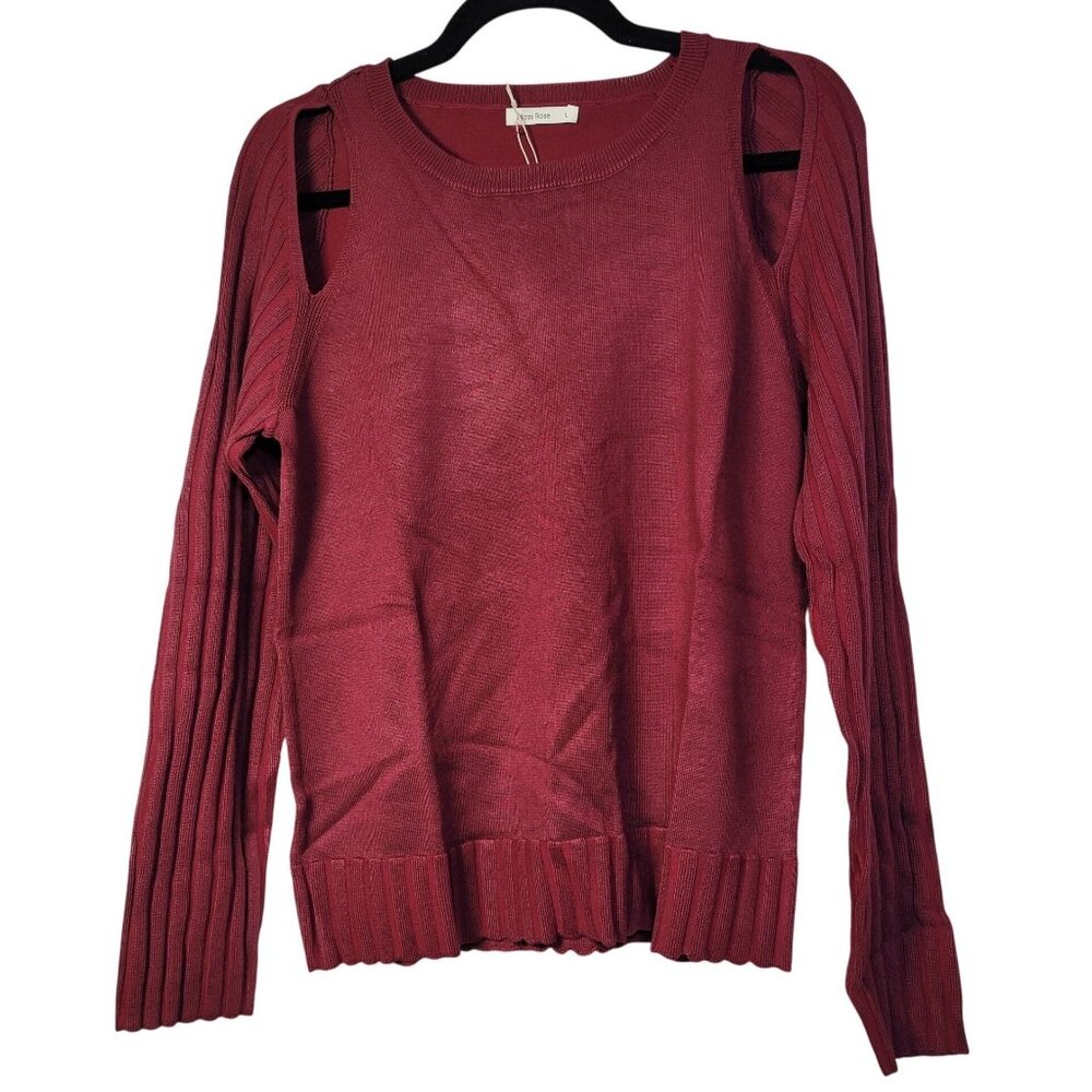 Moss Rose Women's Knit Sweater Shoulder Cut Out Red Wine Long Sleeve Size large